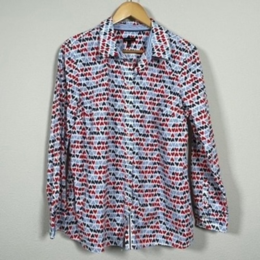 Talbots Heart AOP Button Up Shirt Women L Red White Blue Whimiscal Long Sleeve
